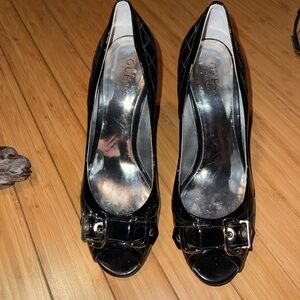 Guess by Marciano Black Quilted Patent Black Leather Open Toe Pumps
